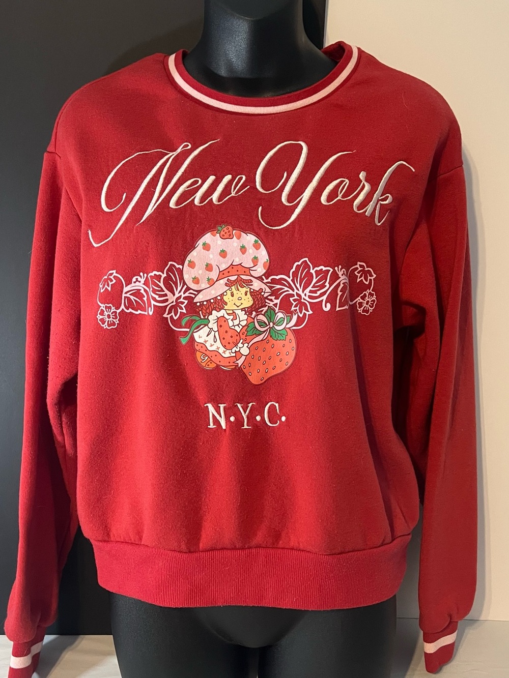 Red Graphic Crewneck Sweater with Strawberry Shortcake NYC Motif